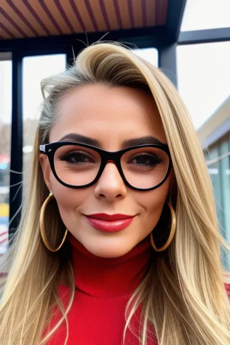 lenkadrag, black glasses, red lipstick, piercing eyes, looking straight, very happy,long hair, wearing an off-shoulder sweater, choker, closeup portrait, in a outdoor cafe in 2015, afternoon light