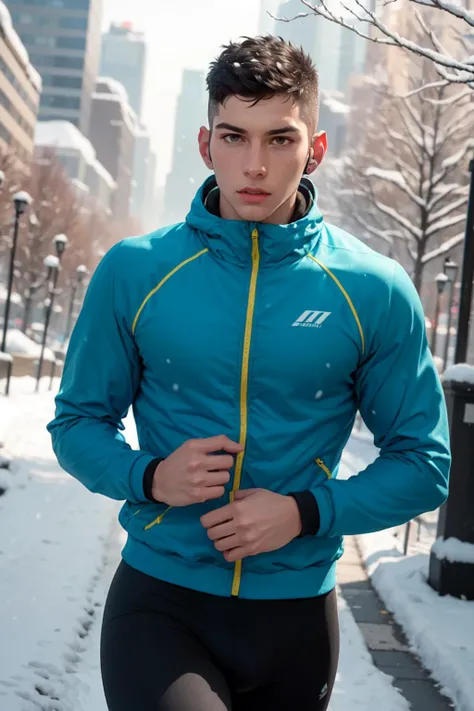 <lora:jared shaw:0.8> jared shaw, upper body shot, wearing a bright blue winter running jacket, black thermal leggings, and white running shoes, jogging on a snowy path in a city park, early in the morning, with light snowfall, bare trees, and a city skyline in the background, his breath visible in the cold air, headphones in his ears, and a focused, determined expression on his face