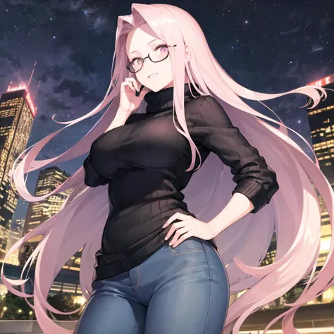16yo girl, light pink hair, hime cut, long hair, sexy and erotic deep purple bodycon, open shoulder, J cup breast, thicc thigh, hourglass figure, nighttime city, clear view, charming smile, pink love shape glasses 