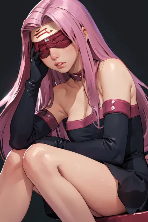 (masterpiece, top quality, best quality, beautiful and aesthetic:1.2), extremely detailed, 
1girl, pink hair,(blindfold:1.6),dress,breasts, long hair, solo, medusa (fate), cleavage, large breasts, medusa (rider) (fate), facial mark, strapless, forehead mark, looking at viewer, purple hair, gloves, very long hair, dress, strapless dress, simple background, elbow gloves,  <lora:medusa:1>  from below, sitting,