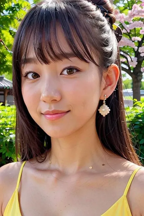 "1girl,photo of pyoapple, brown hair, best quality, earrings,casual clothes,torii, cherry blossoms, (detailed face:1.4), (looking at viewer:1.25), shiny skin, smile, simple background ,(half body:1) <lora:pyoapple_v1.0-000005:0.850>