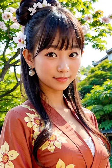 "1girl,photo of pyoapple, brown hair, best quality, earrings,kimono,long sleeves,torii, cherry blossoms, (detailed face:1.4), (looking at viewer:1.25), shiny skin, smile, simple background ,(half body:1) <lora:pyoapple_v1.0-000005:0.850>