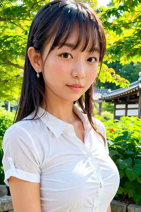 "1girl,photo of pyoapple, brown hair, best quality, earrings,(white shirt:1.4),(wet shirt:1.3),torii, cherry blossoms, (wet hair:1.4),(detailed face:1.4), (looking at viewer:1.25), sun lighting,shiny skin, smile, simple background ,(half body:1) <lora:pyoapple_v1.0-000005:0.850>
