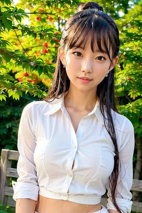 "1girl,photo of pyoapple, kpop idol,(aegyo sal:1),brown hair, best quality, earrings,(white shirt:1.4),(wet shirt:1.2),torii, cherry blossoms, (wet hair:1.6),(detailed face:1.4), (looking at viewer:1.25), sun lighting,shiny skin, smile, simple background ,(half body:1) <lora:pyoapple_v1.0-000005:0.850>