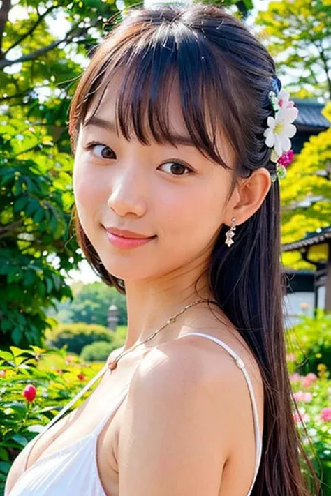 "1girl,photo of pyoapple, brown hair, best quality, earrings,casual clothes,torii, cherry blossoms, (detailed face:1.4), (looking at viewer:1.25), shiny skin, smile, simple background ,(half body:1) <lora:pyoapple_v1.0-000005:0.850>
