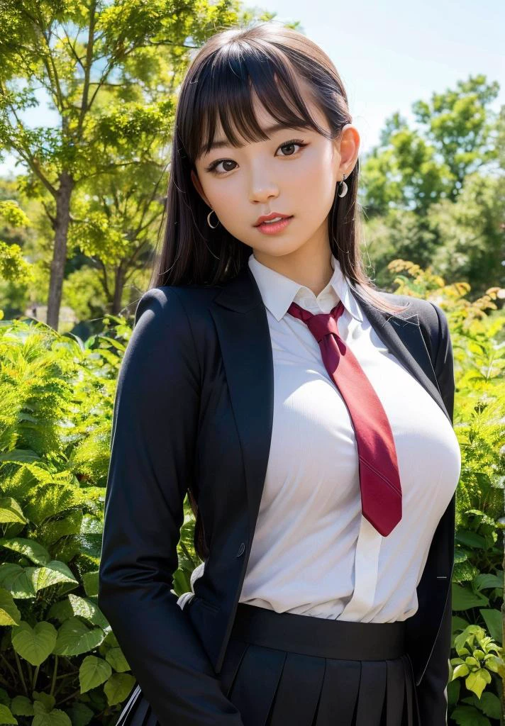 Japanese school uniform, (closeup), wide angle, (low angle), (busty), (medium breasts), (brown hair:1.1),(looking at viewer), portrait, earrings, earphones, high school girl, fabric pleated skirt, necktie, black suit, red suit, sailor's uniform, posing black eyes, red_lips,
<lora:hipoly3DModelLora_hiqcgbody:0.15> hiqcgbody,unparalleled masterpiece, ultra realistic 8k CG, clean, beautiful face, shiny skin,(skindentation),
best quality, ultra high res, (photorealistic:1.4), <lora:eunjiPyo_pyoapple_V15:0.6> pyoapple