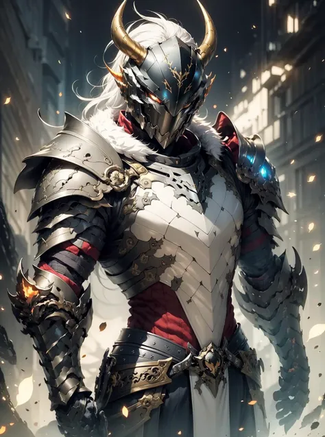(masterpiece:1.2, best quality:1.1),8K,intricate details,HD,best illustration,wall-paper,intricate details,8K Hd wallpaper:1.6,
1boy, solo, male focus, armor, glowing, letterboxed, glowing eyes, helmet, upper body, fire, white hair, horns, looking at viewer, embers, full armor, orange eyes, mask, shoulder armor, long hair, fur trim, pauldrons, gauntlets, artist name, helm, black armor, <lora:cnjj_20230628055345:0.7>