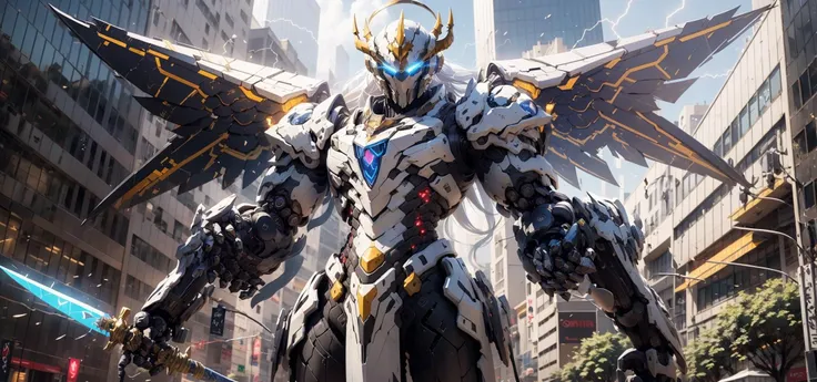 (masterpiece:1.2, best quality:1.1),8K,intricate details,HD,best illustration,wall-paper,intricate details,8K Hd wallpaper:1.6,
1boy, male focus, solo, armor, upper body, electricity, helmet, long hair, black armor, glowing, blue eyes, lightning, shoulder armor, full armor, glowing eyes, looking at viewer, white hair, pauldrons, sparks, grey background, power armor, mask, signature, artist name, breastplate, horns,weapon, solo, sword, 1girl, armor, long hair, holding, wings, holding weapon, holding sword, white hair, standing, shoulder armor, helmet, covered eyes, halo, joints, facing viewer, feet out of frame, robot joints, glowing, building, breastplate, android, gauntlets, white armor, horns, city, full armor, pauldrons, cityscape, robot, glowing weapon, breasts, looking at viewer, light rays, closed mouth, planted
<lora:cnjj_20230628055345:0.7> <lora:RX78_V1:0.2>