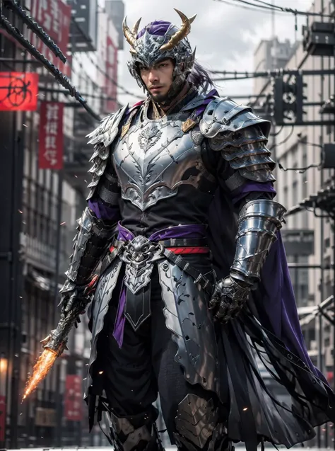 (masterpiece:1.2, best quality:1.1),8K,intricate details,HD,best illustration,wall-paper,intricate details,8K Hd wallpaper:1.6,
1boy,solo:1.7,solo,weapon,1boy,helmet,male focus,full armor,holding,(shoulder armor:1.5),gauntlets,pauldrons,cape,glowing,knight,horns,cowboy,Technology armor,shot,standing,breastplate,glowing eyes,looking at viewer,fake horns,horned helmet,signature,black armorarmor,breastplate,looking at viewer,glowing,gradient,weapon,gradient background,facing viewer,Sense of science and technology,(Metal armor:1.3),time,Fluorescent strip,(cyberpunk:1.2),science fiction,(Surround Lightning:1.1),lightning effects:1.1,jumping lightning,particle effects,particle flicker,
scenery,no humans,architecture,outdoors,traditional media,water,east asian architecture,bridge,river,tree,building,watercraft,day,real world location,lake,landscape,sky,boat,ocean,pagoda,nature,chinesecity,chinesectown,cloud,(Lightning around the armor:1.1),((Blue-purple lightning:1.2)),electric spark,Epic battle scene,<lora:cnjj_20230628055345:0.75> <lora:cnkj_20230615004359:0.4>,
