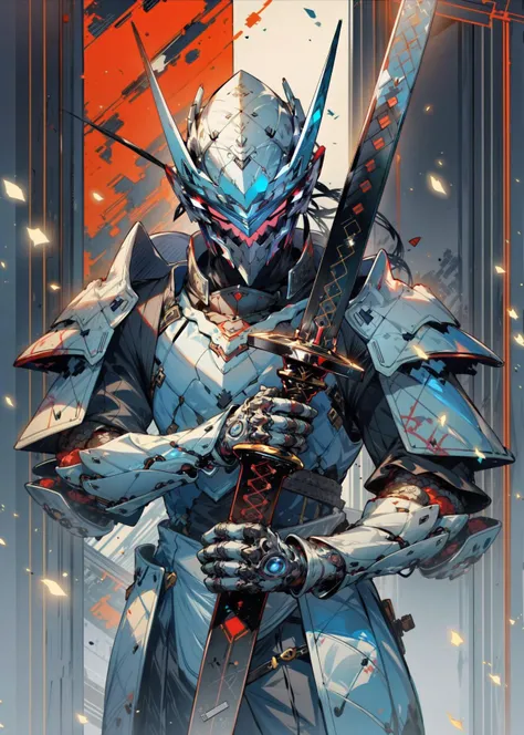 (((masterpiece))), (((best quality))), ((ultra-detailed)), ((official art,extremely detailed CG unity 8k wallpaper)),detailed background,
night, snow, in the cyberpunk city, steam, explosion, game_cg, 1boy, solo,full armor,holding,(shoulder armor:1.5),Technology armor,mask,helmet, short hair, blue hair, closed eyes, japanese_clothes, oni horns, holding sword, holding, <lora:cnjj_20230628055345:0.8>,
<lora:add_detail:0.77>
