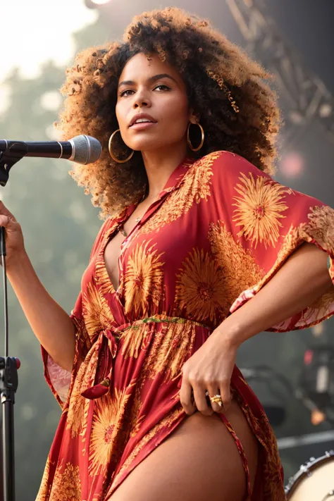 analog photo of LulaCipher, afro, wearing a 1970s floral kaftan, hippy, flowing, glossy lipstick, god rays, golden-hour, singing on stage at an outdoor concert, festival, vibrant color film, masterclass, heavy (film grain), analog, Fujicolor 400, Nikon F401, 1970s colors