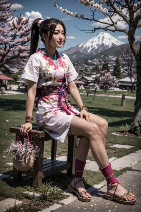 (realistic:1.3), finely detailed, quality, rembrandt lighting, (masterpiece:1.2), (photorealistic:1.2), (best quality), (detailed skin:1.3), (intricate details), dramatic, ray tracing, 1girl, Oichi, smiling, brown hair, ponytail, hair ornament, brown eyes, medium breasts, pink dress, japanese clothes, long kimono, short sleeves, cloth gauntlets, tabi socks, sandals, anime colors, vivid colours, vibrant colors, sitting, portrait shot, (cherry blossom trees, Sun, Clouds, distant mountains), <lora:OichiSW4:0.9>