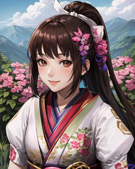 best quality, (masterpiece:1.2), illustration, absurdres, bright colors, vivid colors,
(1girl), (solo), (beautiful detailed girl),
<lora:OichiSW4-07:0.9>, Oichi, brown hair, ponytail, hair ornament, brown eyes, medium breasts,
pink dress, japanese clothes, long kimono, short sleeves, tabi socks, sandals,
magical forest, flowers, distant mountains, sky, clouds,
looking at viewer, confident, gentle smile,
sitting, (upper body, portrait),