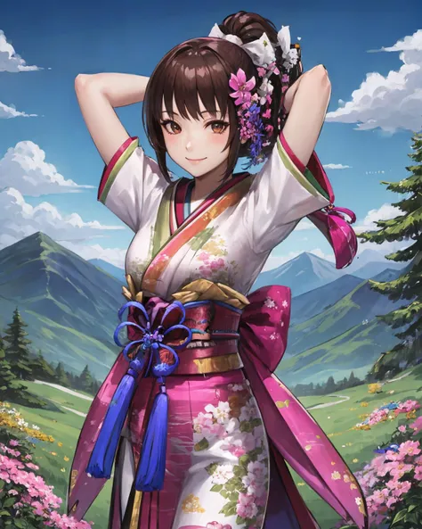 best quality, (masterpiece:1.2), illustration, absurdres, bright colors, vivid colors,
(1girl), (solo), (beautiful detailed girl), cowboy shot,
<lora:OichiSW4-07:0.9>, Oichi, brown hair, ponytail, hair ornament, brown eyes, medium breasts,
pink dress, japanese clothes, long kimono, short sleeves, tabi socks, sandals,
magical forest, flowers, distant mountains, sky, clouds,
looking at viewer, confident, gentle smile,
((arms up)),