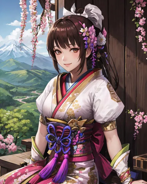 best quality, (masterpiece:1.2), illustration, absurdres, bright colors, vivid colors,
(1girl), (solo), (beautiful detailed girl),
<lora:OichiSW4-07:0.9>, Oichi, brown hair, ponytail, hair ornament, brown eyes, medium breasts,
pink dress, japanese clothes, long kimono, short sleeves, tabi socks, sandals,
magical forest, flowers, distant mountains, sky, clouds,
looking at viewer, confident, gentle smile,
sitting, (upper body, portrait),
