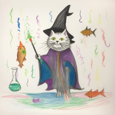 A wizard cat casting a spell to make fish float around him
<lora:crayons_v1_sdxl:1>