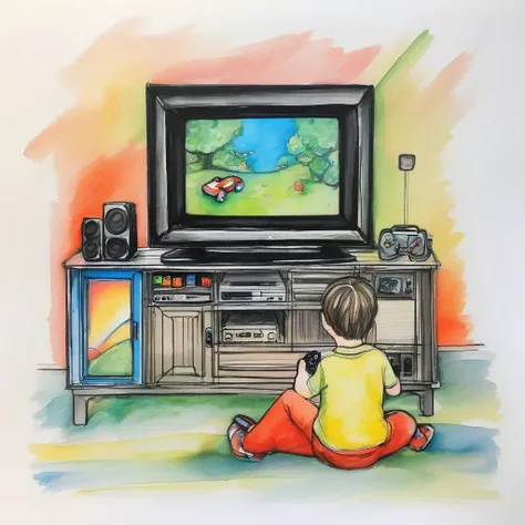 inside glass box , miniature, a 8 year old kid sitting behind of tv and play station and holding a controller ,laughing, (from above:1.4), high detail elements, solo, <lora:crayons_v1_sdxl:1>