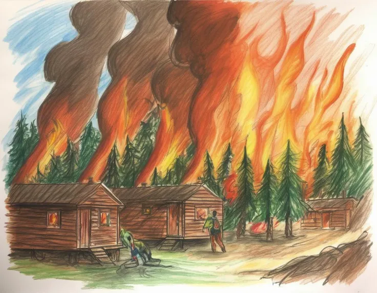 A harrowing scene of a forest fire in the deep mountains, engulfing a few wooden cabins, depicted as a hellish inferno. The fire rages with towering flames, thick smoke, and glowing embers, consuming trees, bushes, and the wooden cabins. The perspective might include a terrified observer or wildlife fleeing the scene, adding to the chaos and urgency. The scene should be as vivid and detailed as a high-resolution painting or illustration, with harsh and dramatic lighting that emphasizes the destructive power of the fire, the heat, and the apocalyptic atmosphere. The wooden cabins should be detailed, showing signs of burning and distress, <lora:crayons_v1_sdxl:0.85>