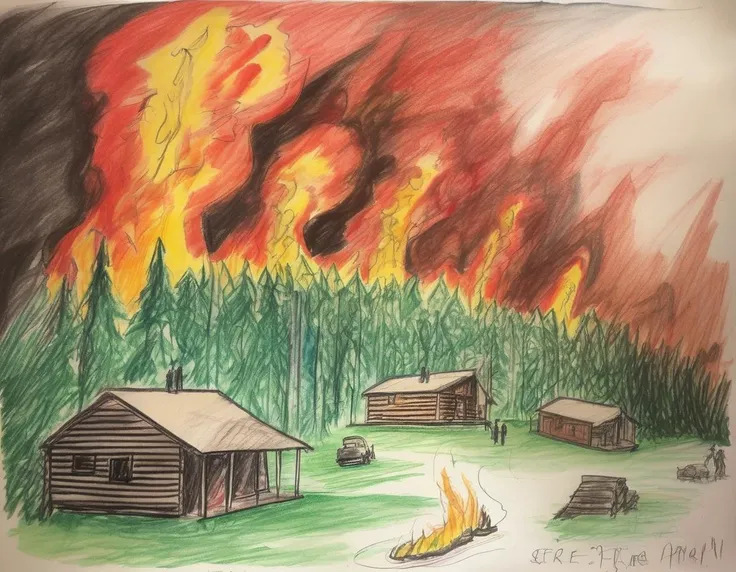 A harrowing scene of a forest fire in the deep mountains, engulfing a few wooden cabins, depicted as a hellish inferno. The fire rages with towering flames, thick smoke, and glowing embers, consuming trees, bushes, and the wooden cabins. The perspective might include a terrified observer or wildlife fleeing the scene, adding to the chaos and urgency. The scene should be as vivid and detailed as a high-resolution painting or illustration, with harsh and dramatic lighting that emphasizes the destructive power of the fire, the heat, and the apocalyptic atmosphere. The wooden cabins should be detailed, showing signs of burning and distress, <lora:crayons_v1_sdxl:0.85>