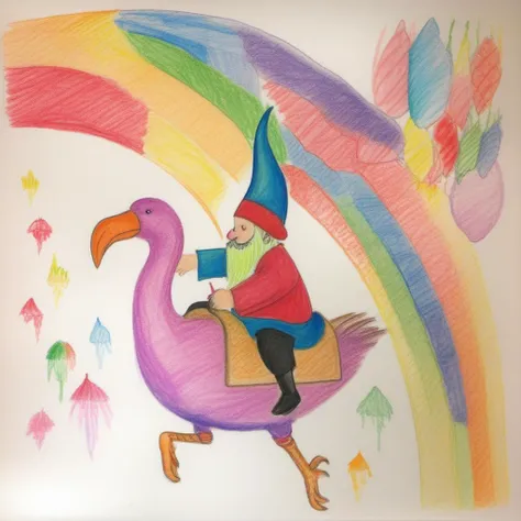 A gnome riding on the back of a flamingo, flying over a rainbow
 <lora:crayons_v1_sdxl:1>