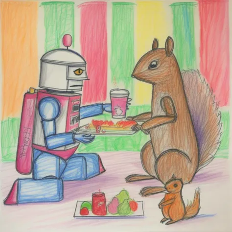 A robot and a squirrel having a picnic <lora:crayons_v1_sdxl:1>