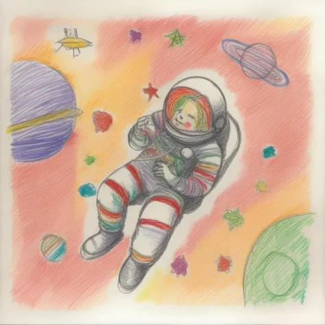 An astronaut floating in space, knitting a scarf <lora:crayons_v1_sdxl:1>