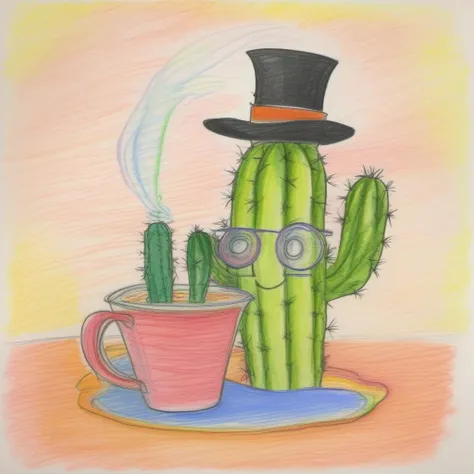 A cactus in a pot, wearing a top hat and monocle, sipping tea <lora:crayons_v1_sdxl:1>