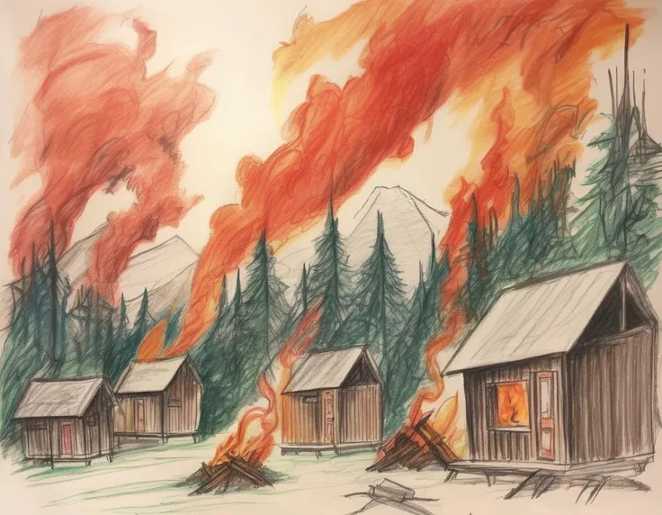 A harrowing scene of a forest fire in the deep mountains, engulfing a few wooden cabins, depicted as a hellish inferno. The fire rages with towering flames, thick smoke, and glowing embers, consuming trees, bushes, and the wooden cabins. The perspective might include a terrified observer or wildlife fleeing the scene, adding to the chaos and urgency. The scene should be as vivid and detailed as a high-resolution painting or illustration, with harsh and dramatic lighting that emphasizes the destructive power of the fire, the heat, and the apocalyptic atmosphere. The wooden cabins should be detailed, showing signs of burning and distress, <lora:crayons_v1_sdxl:0.85>