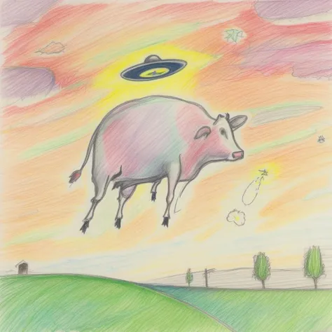 cow, field,( Abduction:1),(cow),(ovni:1) , beam of light,(UFO cow abduction:1.5),starry sky, (night)<lora:crayons_v1_sdxl:1>