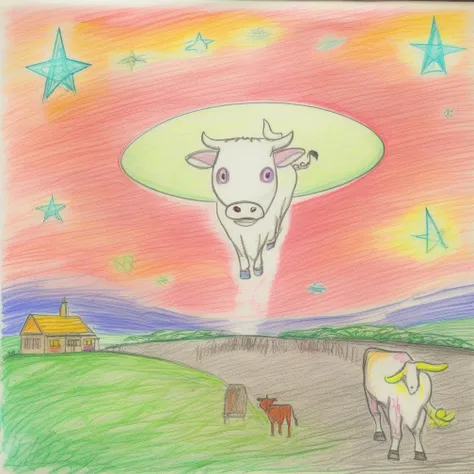 cow, field,( Abduction:1),(cow),(ovni:1) , beam of light,(UFO cow abduction:1.5),starry sky, (night)<lora:crayons_v1_sdxl:1>