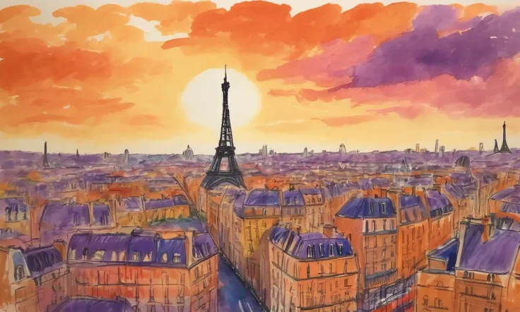 A vibrant sunset over paris, brought to life in Gouache Painting, with warm oranges and deep purples, casting a nostalgic, dreamy ambiance. <lora:crayons_v1_sdxl:1>