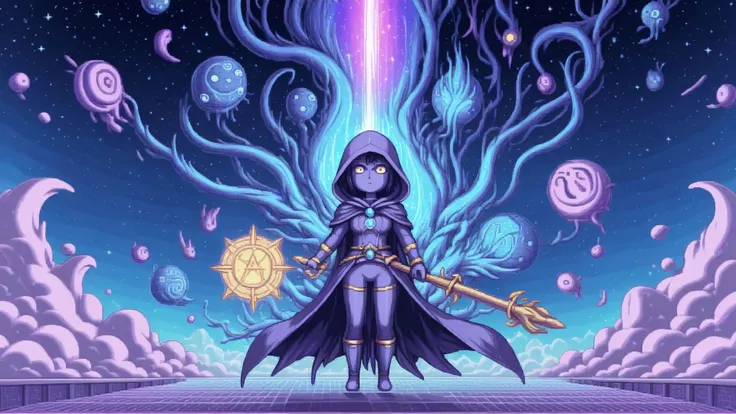 Faceless deity,hooded figure,female magical wizard,ancient entity,vintage lighting,beautiful mightnight sky,intergalactic cosmic entity,(high contrast),(cell shading':0.9),clean line work,((pixel art)),1girl,magical wizard,<lora:pxll:0.8>,pxll,