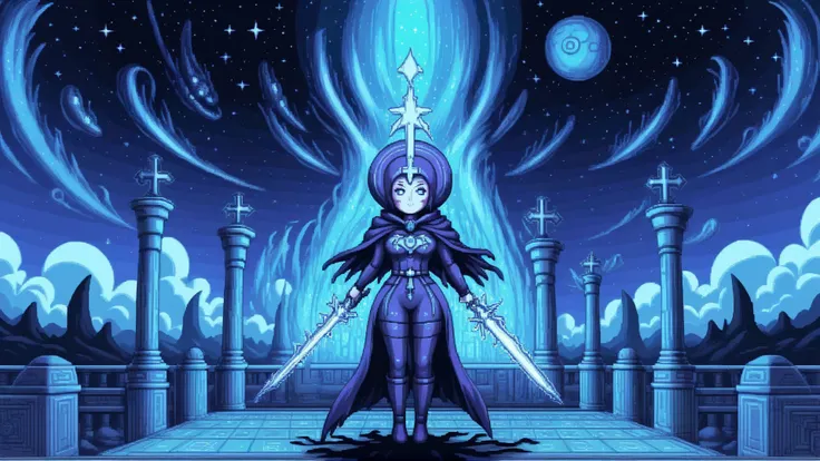 Faceless deity,hooded figure,female magical wizard,ancient entity,vintage lighting,beautiful mightnight sky,intergalactic cosmic entity,(high contrast),(cell shading':0.9),clean line work,((pixel art)),1girl,magical wizard,<lora:pxll:0.8>,pxll,