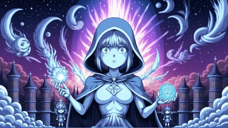 Faceless deity,hooded figure,female magical wizard,ancient entity,vintage lighting,beautiful mightnight sky,intergalactic cosmic entity,(high contrast),(cell shading':0.9),clean line work,((pixel art)),1girl,magical wizard,<lora:pxll:0.8>,pxll,