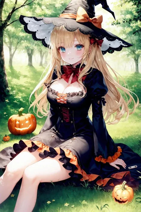 1girl, breasts, hat, solo, long hair, blue eyes, witch hat, blonde hair, outdoors, cleavage, looking at viewer, long sleeves, jack-o'-lantern, large breasts, sitting, dress, holding, blush, white dress, pumpkin, smile, bow, frills, white headwear, puffy sleeves, black bow, hat bow, tree, day, closed mouth, halloween, nature, bangs, juliet sleeves, grass, forest, ascot