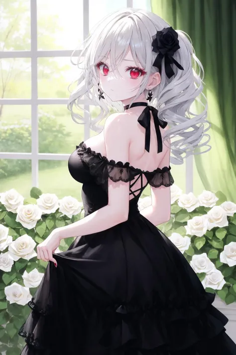 (best quality), (masterpiece), (ultra detailed), (highres), production art,
1girl, red eyes, solo, dress, flower, rose, breasts, black dress, hair ribbon, ribbon, looking at viewer, earrings, red ribbon, jewelry, bangs, grey hair, bare shoulders, hair between eyes, red flower, white flower, closed mouth, red rose, choker, medium breasts, white rose, looking back, medium hair, black choker, long hair