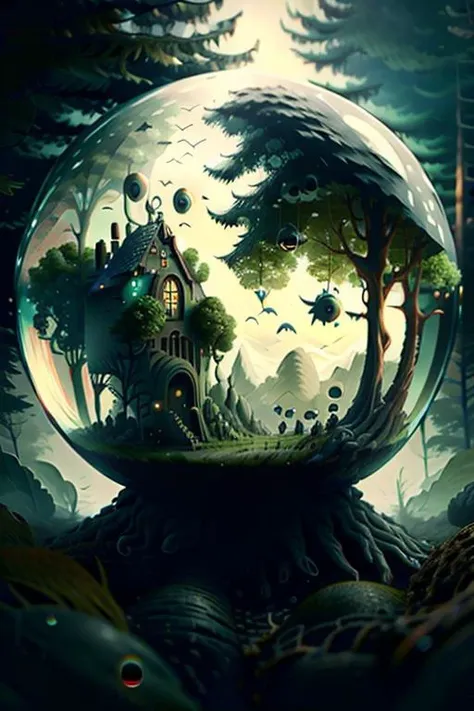 (8k, RAW photo, best quality, masterpiece:1.2), bubblerealm <lora:bubblerealm_model:1> grimm forest, isometric_dreams, <lora:TentacleHorrorAI:1>