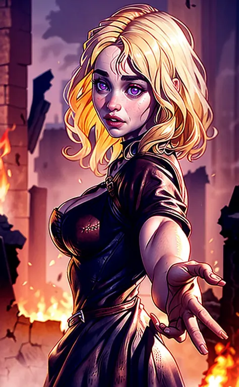 1girl, emilia clarke, daenerys targaryen, purple eyes, bright pupils, fiery background, ruins, leather dress, medieval leather, blonde hair, from side, large breasts, muscular female, reaching out, foreshortening, spread fingers, open hand, twisted torso, realistic, (photorealistic:1.1), (lineart:0.8), (black outline:0.4), (thick outlines:0.5),