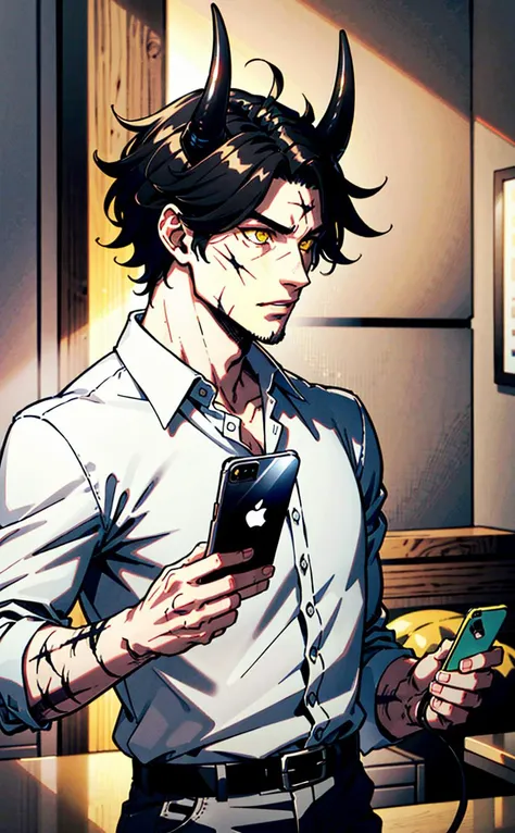 handsome male,white shirt,mammon,black hair,short hair,yellow eyes,demon horns,scar,holding_phone,