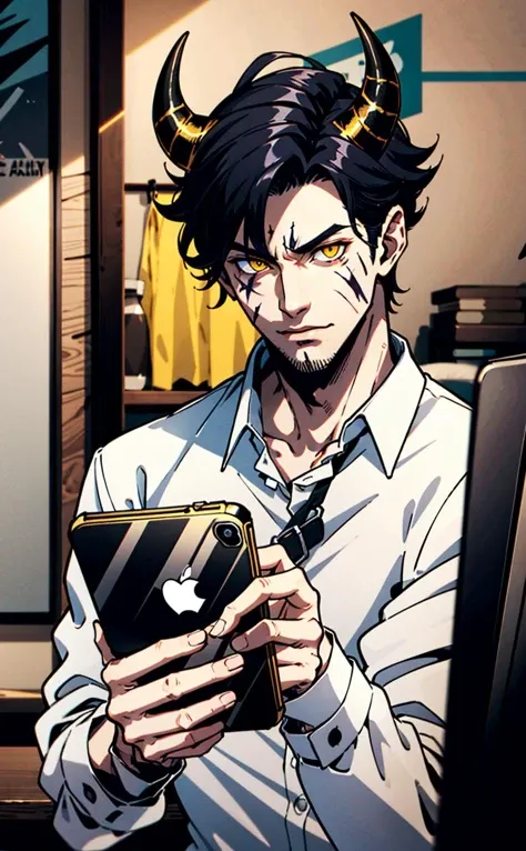 handsome male,white shirt,mammon,black hair,short hair,yellow eyes,demon horns,scar,holding_phone,