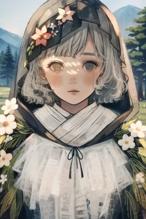 1girl, solo, heterochromia, looking at viewer, blush, bangs, upper body, grey eyes, short hair, flower, grey hair, white hair, blunt bangs, nature background, landscape, outdoors