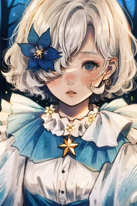 1girl, solo, jewelry, necklace, flower, looking at viewer, nature background, bangs, blue flower, upper body, outdoors, star (symbol), frills, short hair, blue eyes, blush, white hair, one eye covered, medium hair, parted lips, portrait, dress