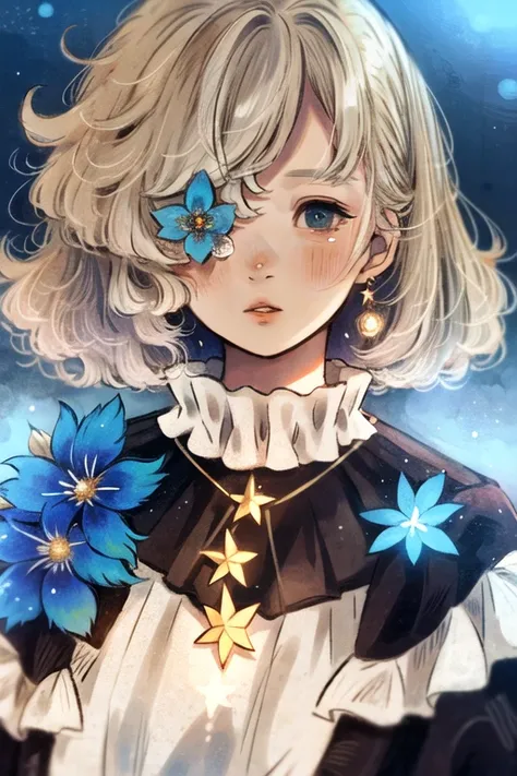 1girl, solo, jewelry, necklace, flower, looking at viewer, nature background, bangs, blue flower, upper body, outdoors, star (symbol), frills, short hair, blue eyes, blush, white hair, one eye covered, medium hair, parted lips, portrait, dress