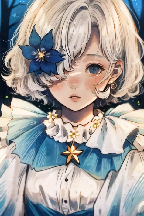 1girl, solo, jewelry, necklace, flower, looking at viewer, nature background, bangs, blue flower, upper body, outdoors, star (symbol), frills, short hair, blue eyes, blush, white hair, one eye covered, medium hair, parted lips, portrait, dress