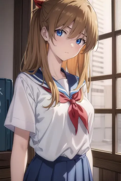 asukalangley, <lora:asuka langley soryu rebuild-lora-nochekaiser:1>, 
asuka langley soryu, (souryuu asuka langley:1.2), long hair, bangs, blue eyes, brown hair, hair ornament,
BREAK skirt, shirt, ribbon, school uniform, white shirt, short sleeves, blue skirt, watch, wristwatch, (tokyo-3 middle school uniform:1.5),
BREAK indoors, classroom,
BREAK looking at viewer, (cowboy shot:1.5),
BREAK <lyco:GoodHands-beta2:1>, (masterpiece:1.2), best quality, high resolution, unity 8k wallpaper, (illustration:0.8), (beautiful detailed eyes:1.6), extremely detailed face, perfect lighting, extremely detailed CG, (perfect hands, perfect anatomy),