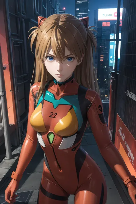 <lora:asuka langley soryu rebuild-lora-nochekaiser:1>,asuka langley soryu,blue eyes,orange hair,hair between eyes,headgear,interface headset,orange hair,pilot suit,bodysuit,plugsuit,(red bodysuit:1.5),looking_at_viewer,cyberpunk city,night,extremely detailed CG,cowboy_shot,, masterpiece,best quality,highres,ultra high res,(abstract art:1.2),2d,(highlydetailed),(colorful),(intenseexpression),(fashionable),