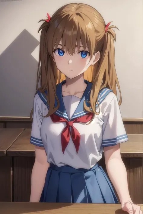 asukalangley, <lora:asuka langley soryu rebuild-lora-nochekaiser:1>,
asuka langley soryu, (souryuu asuka langley:1.2), long hair, bangs, blue eyes, brown hair, hair ornament,
BREAK skirt, shirt, ribbon, school uniform, white shirt, short sleeves, blue skirt, watch, wristwatch, (tokyo-3 middle school uniform:1.5),
BREAK indoors, classroom,
BREAK looking at viewer, (cowboy shot:1.5),
BREAK <lyco:GoodHands-beta2:1>, (masterpiece:1.2), best quality, high resolution, unity 8k wallpaper, (illustration:0.8), (beautiful detailed eyes:1.6), extremely detailed face, perfect lighting, extremely detailed CG, (perfect hands, perfect anatomy),