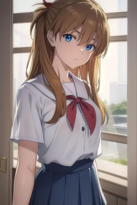 asukalangley, <lora:asuka langley soryu rebuild-lora-nochekaiser:1>,
asuka langley soryu, (souryuu asuka langley:1.2), long hair, bangs, blue eyes, brown hair, hair ornament,
BREAK skirt, shirt, ribbon, school uniform, white shirt, short sleeves, blue skirt, watch, wristwatch, (tokyo-3 middle school uniform:1.5),
BREAK indoors, classroom,
BREAK looking at viewer, (cowboy shot:1.5),
BREAK <lyco:GoodHands-beta2:1>, (masterpiece:1.2), best quality, high resolution, unity 8k wallpaper, (illustration:0.8), (beautiful detailed eyes:1.6), extremely detailed face, perfect lighting, extremely detailed CG, (perfect hands, perfect anatomy),