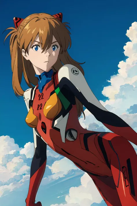 <lora:asuka langley soryu rebuild-lora-nochekaiser:1>,asuka langley soryu,blue eyes,orange hair,hair between eyes,headgear,interface headset,orange hair,pilot suit,bodysuit,plugsuit,(red bodysuit:1.5),looking_at_viewer,extremely detailed CG,break outdoors,blue sky,neon genesis evangelion,cloud,full body,, masterpiece,best quality,highres,ultra high res,(abstract art:1.2),2d,(highlydetailed),(colorful),(intenseexpression),(fashionable),