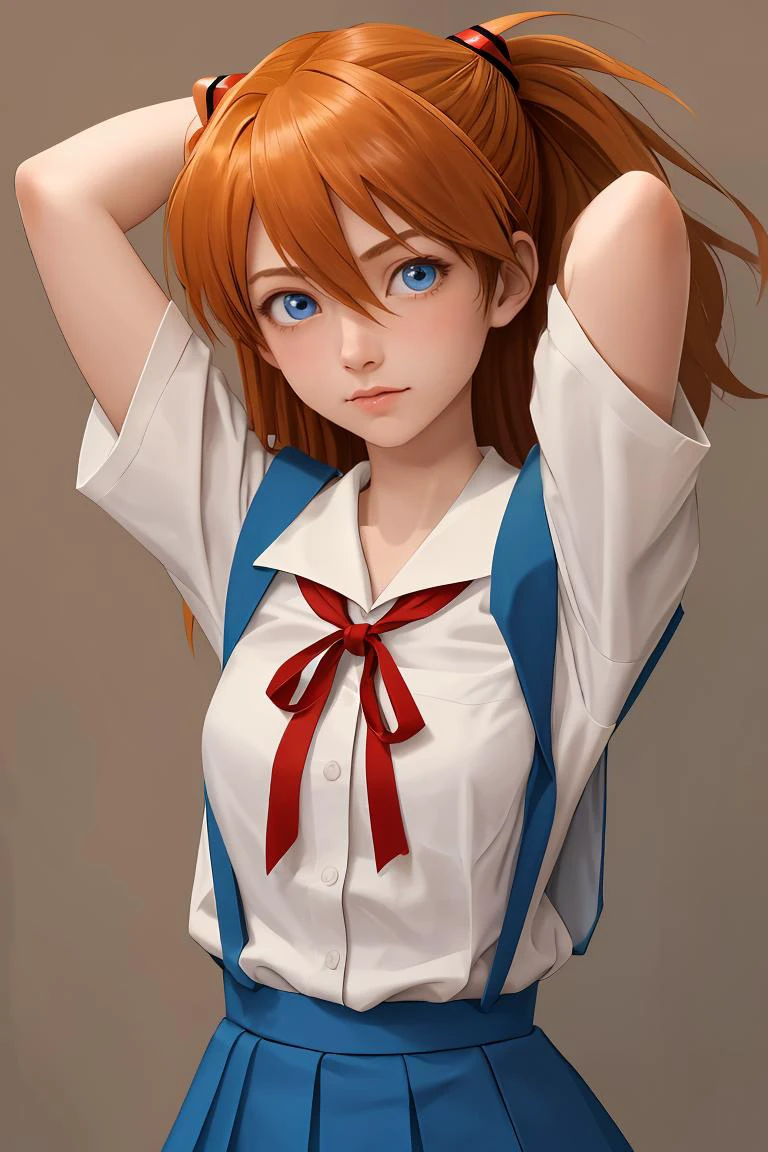 1girl,arms behind head, <lora:asukalangley:1> asuka langley soryu, blue eyes, hair between eyes, headgear, interface headset, orange hair,
red ribbon, ribbon, school uniform, skirt, suspender skirt, suspenders, tokyo-3 middle school uniform,